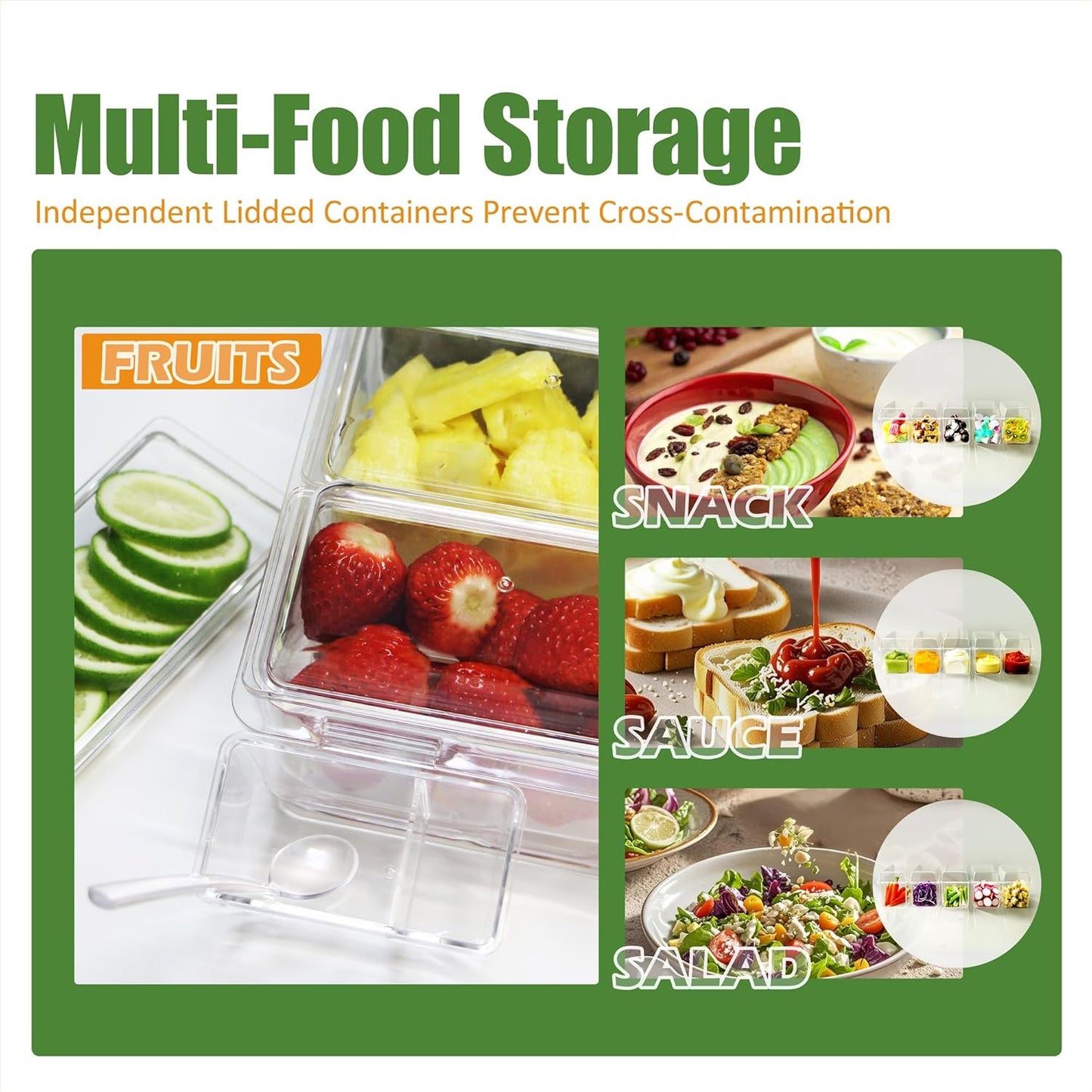 IVYHOME Chilled Condiment Server, Taco Bar Serving Set, Mimosa Bar Supplies, with 5 Lidded Containers and Detachable Ice Storage Layer, 2 Hanging Cups for Storing Tong or Forks