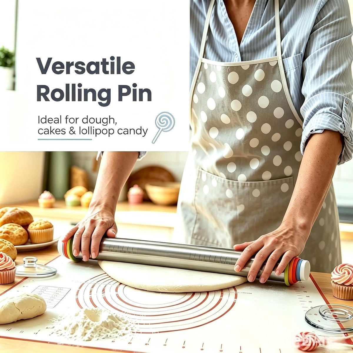 AMUZHI Adjustable Steel Rolling Pin, Screw Rings for Cake Pop Baking
