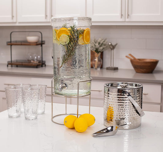 BIRDROCK HOME Beverage Dispenser with Stand & Stainless Steel Spigot - Hammered Glass Drink Dispenser for Parties Home & Events - Ideal for Serving Tea, Lemonade, Juice, Sangria, Cocktail - 1.5 Gallon