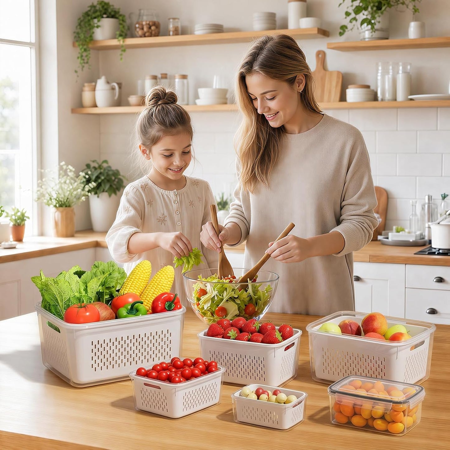 Fruit Storage Containers for Fridge - 6 Pack Produce Storage Containers with Removable Colander, Leakproof Refrigerator Fruit Organizers Keep Berry Veggie Salad Meat Fresh Longer, Largest 6.55 Quart