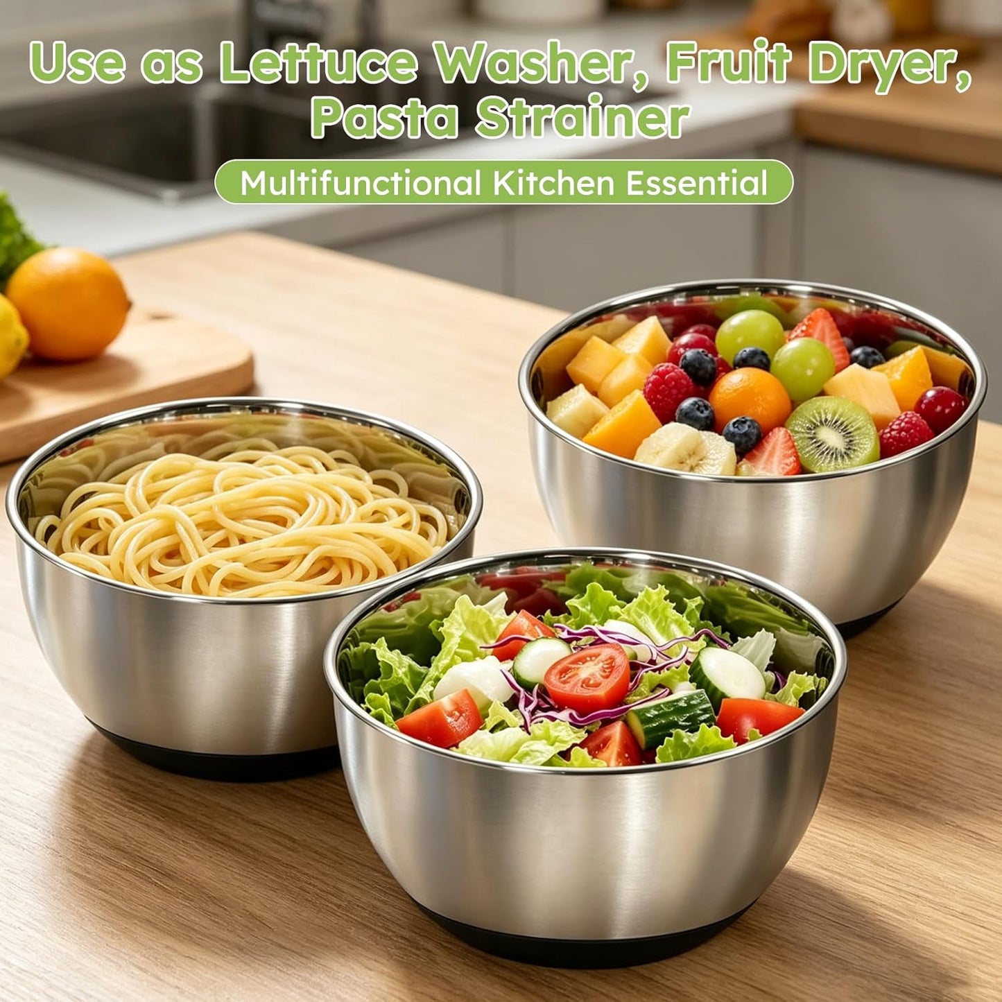 Stainless Steel Salad Spinner Large with 5 Blades Slicer, Vegetable Dryer, Non-Slip Base, Stop Button, Vegetable Fruits Chopper Bowl 5L Capacity with Egg Yolk Strainer