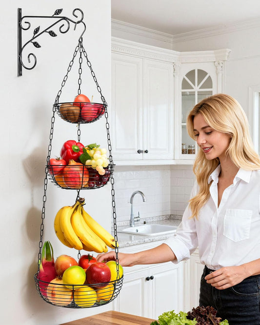 FANGSUN 3-Tier Hanging Fruit Basket for Kitchen Counter with Banana Hook, 36-Inch Heavy-Duty Wire Fruit Baskets with Leaf-Shaped Bracket for Kitchen Organizing Potato & Vegetable