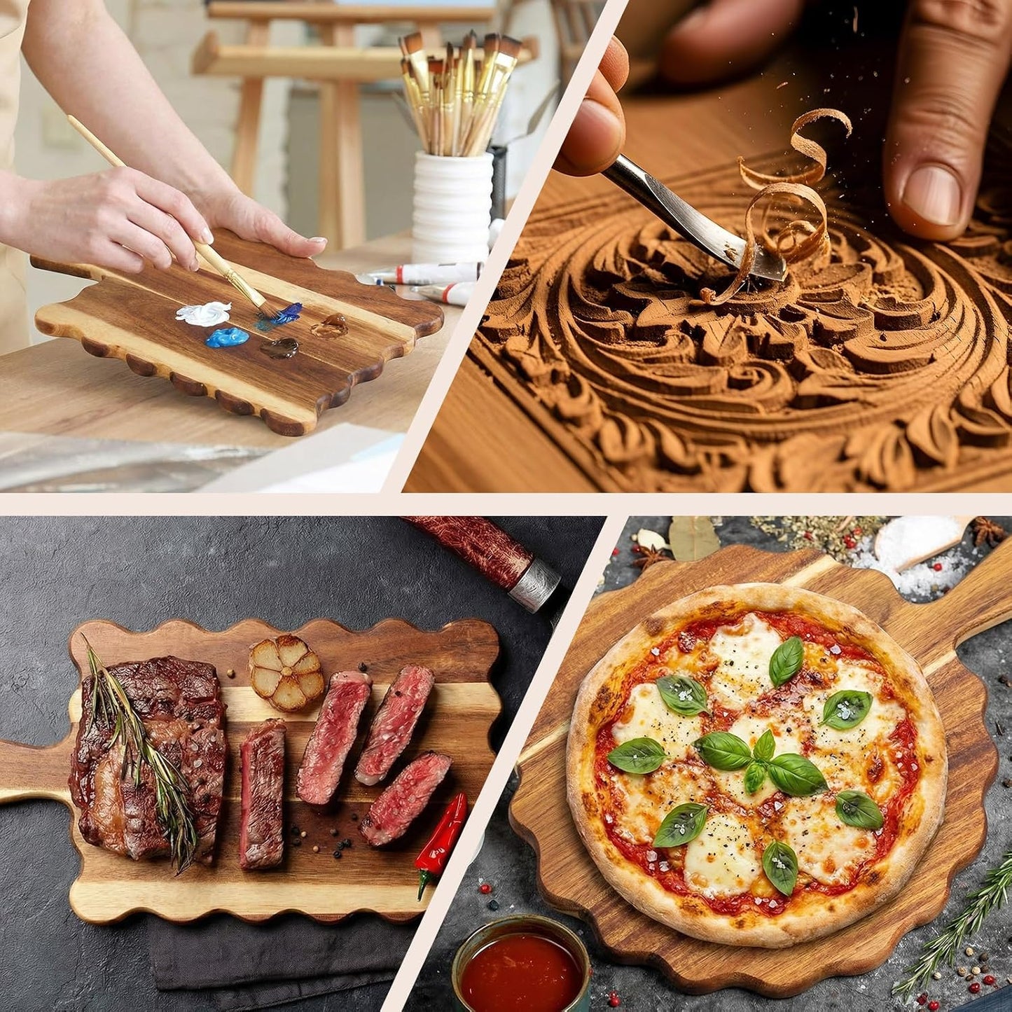 Novabright 2 Pcs Acacia Wood Scalloped Cutting and Chopping Board with Handle Decorative Cutting Boards for Kitchen Wooden Charcuterie Boards Serving Tray for Cheese Meat Fruit Bread Baking