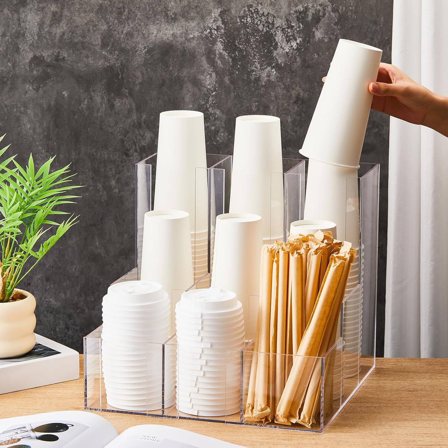 CroBlissful Wooden Vertical Coffee cup and lid dispenser, coffee condiment organizer, 9 Compartment for Disposable Paper & Plastic Cup, for cabinet Station Home Countertop Bar 13''l x 13''w x 12''h