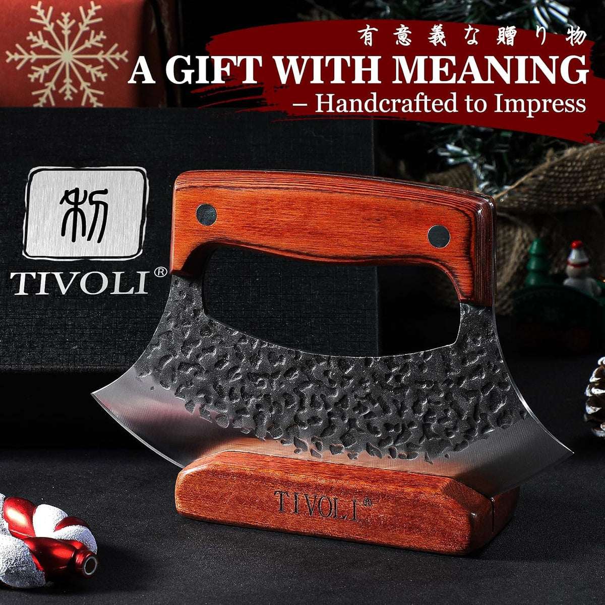 TIVOLI Ulu Knife with Wooden Stand – Mezzaluna Rocker Knife - Pizza Cutter