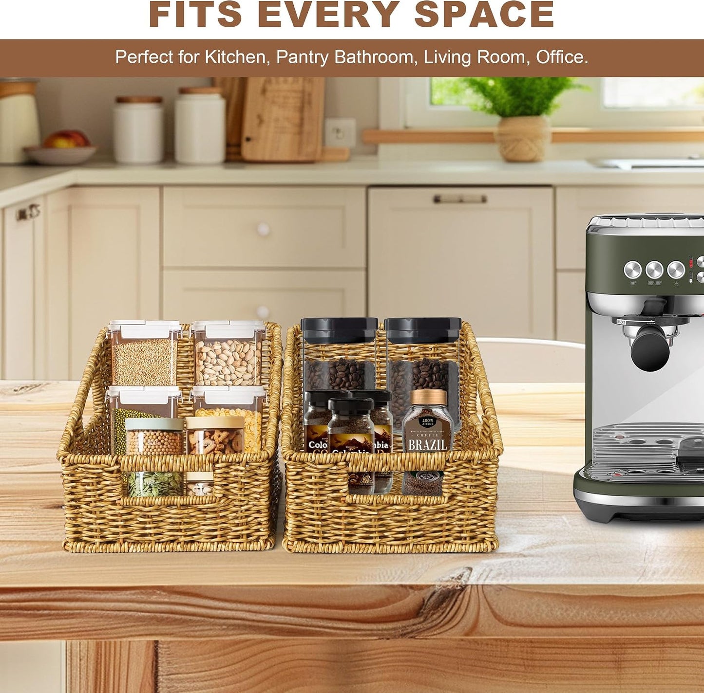 Pantry Baskets for Organizing, Waterproof Wicker Basket with Handles, Trapezoid Woven Baskets for Shelves,Bedroom, Laundry Room,Tan