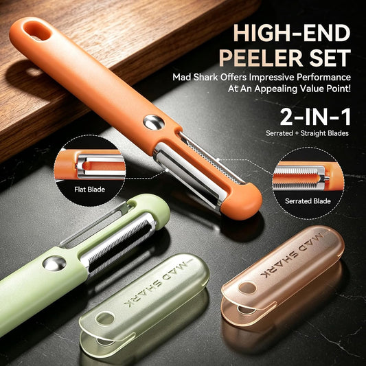 MAD SHARK 2-Pack Potato Peelers, 2-in-1 Straight & Serrated Blades