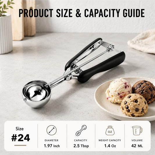 Cookie Scoop 2.5 Tbsp, #24 Stainless Steel Ice Cream Scoops with Trigger