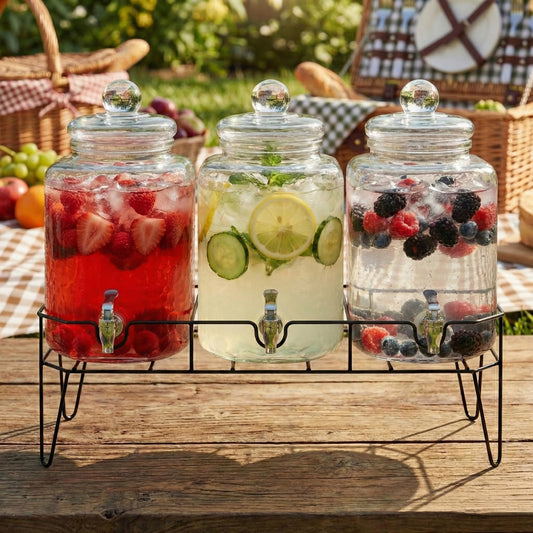 Style Setter Premium Glass Drink Beverage Dispensers - 1.5 Gal, Set of 3 | Dispenser Set with Metal Stand for Parties Cold Drinks, Lemonade, Cocktails, Juice – Party Glass Drink Dispenser Station