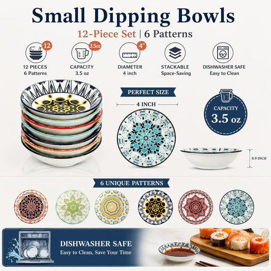 Cedilis 12 Pack Ceramic Soy Sauce Dish, 3.5oz Small Dipping Bowls