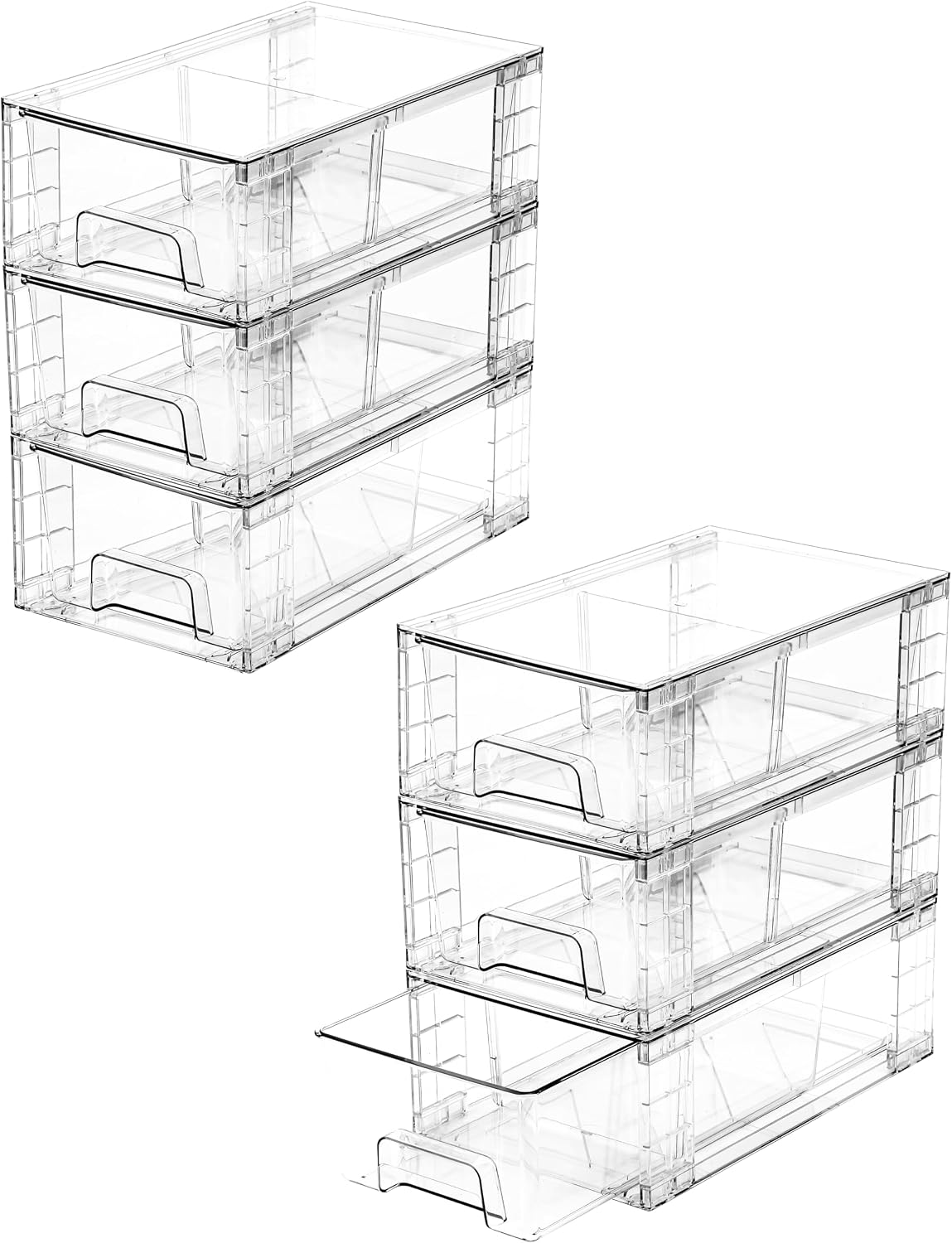 4 Pack Stackable Storage Drawers, Bathroom & Undersink Organizer with Removable Dividers - Acrylic Drawer Organizers with Handles for Fridge, Kitchen Cabinet, Pantry Storage