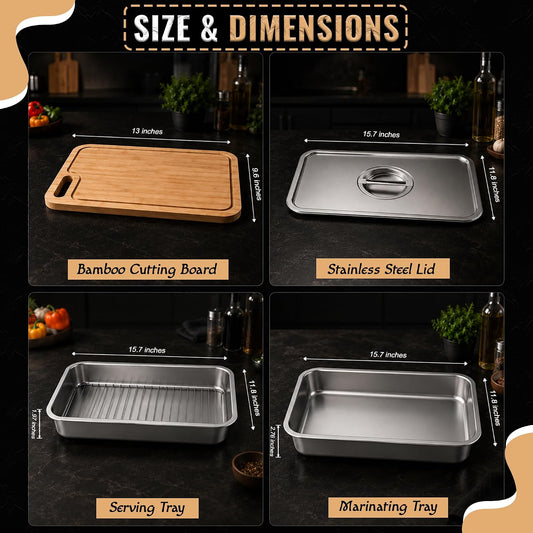 Grill Prep Trays & Serve Set, Stainless Steel BBQ Grill Carrying System with Deep Tray, Shallow Tray, Lid & Cutting Board, Large Capacity Marinating Tray, Portable Grill Container for Outdoor Cooking