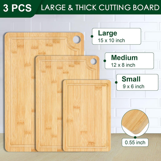 3PCS Bamboo Cutting Board Set - Durable Wooden Cutting Boards with Deep Juice Grooves & Built-in Handles & Hanging Holes, Ideal for Chopping Meat, Vegetables, Dishwasher Safe