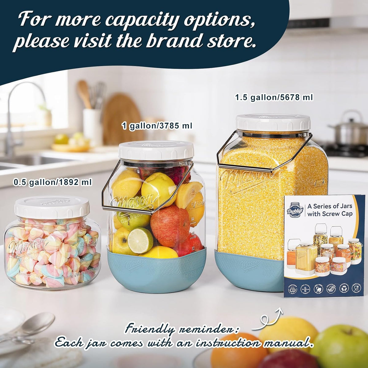 2 Pack 1.5 Gallon Large Glass Jar with Airtight Lid, Wide Mouth Glass Flour Sugar Storage Containers with Scale Marks for Pantry Organizers, Glass Canisters with Heavy-duty Handles & Non-slip Bases