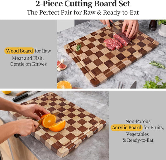 WILLKOMMEN Checkered Cutting Board Set, 3-Piece Wood Checkerboard End Grain Chopping Boards with Holder & Juice Groove Wooden Kitchen Cutting Board for Cooking and Serving (S, M, L)