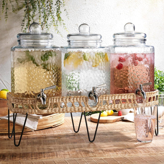 3 Gallon Glass Drink Dispenser with Metal Stand & Lid – Hammered Beverage Dispenser with Leakproof Spigot, Wide Mouth for Easy Fill – Ideal for Parties, Lemonade, Iced Tea, Sangria & More