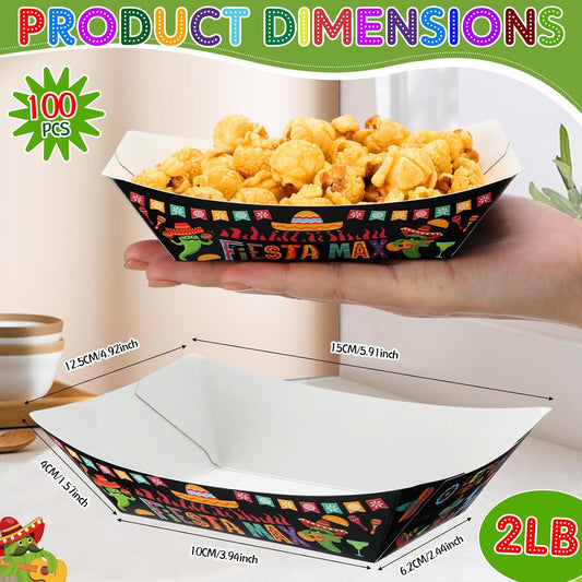 Gejoy 100 Pcs 2 lb Mexican Paper Food Trays Disposable Fiesta Nacho Trays Taco Nights Snack Boats Carnival Food Container Popcorn Holder for Festival Birthday Supplies(Classic)