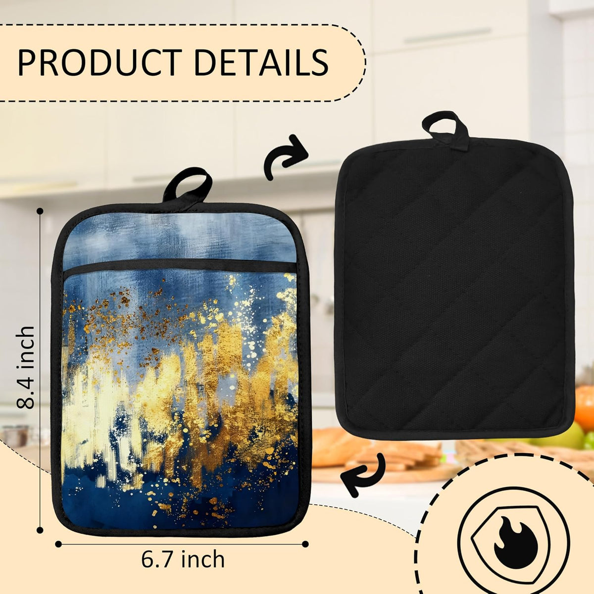 Abstract Black White and Gold Pot Holders 2 Pack Set, Black and Gold Kitchen Decor, Modern Boho Abstract Luxury Marble Heat Resistant Oven Hot Pads for Kitchen Countertop Baking