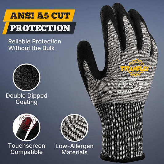 TitanFlex A5 Cut Resistant Gloves, Extreme Protection, Sandy Nitrile Grip