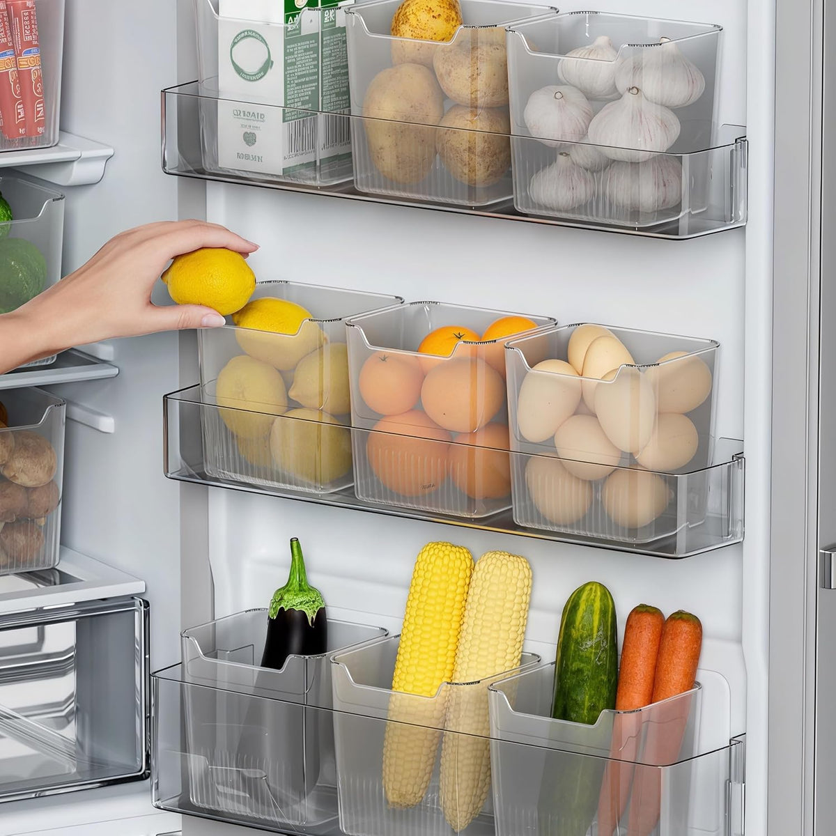 4PCS Refrigerator Storage Bins Clear Plastic Stackable Organizer for Side Door Shelves, Fruits Vegetables Eggs, Kitchen Organization, Transparent