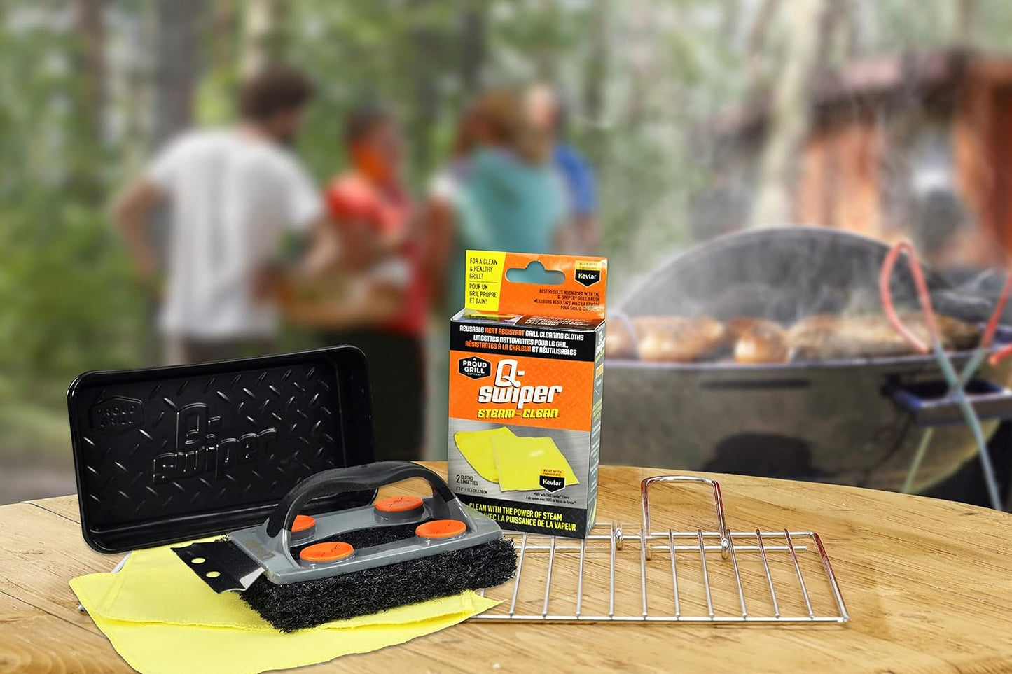 Q-Swiper Steam Clean BBQ Grill Cleaner Set - 1 Grill Brush with Scraper, 2 Heat Resistant Kevlar® Cloths, 1 Tray | Bristle Free | Safe Way to Steam away Grill Grease & Grime