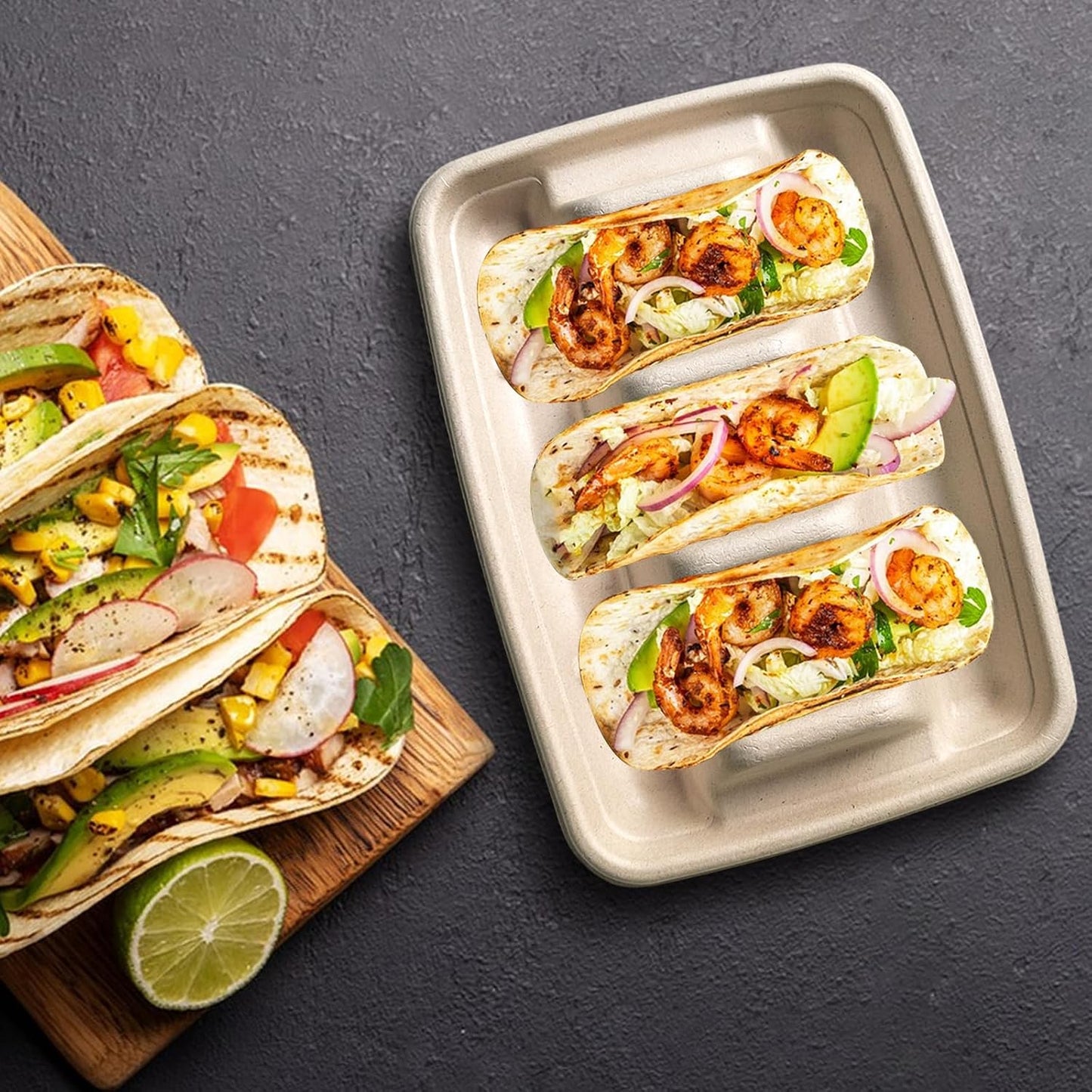 50PCS Disposable Taco Holder for Party,Disposable Taco Plates with 3 Dividers Disposable Taco Holders for Taco Tray Holder, Pulp Fiber Plates Disposable for Taco Tuesday Lazy Susan Taco Bar