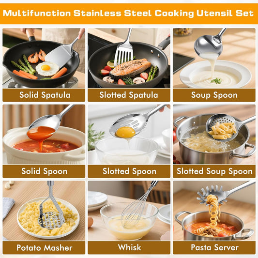 Cooking Utensils Set, Stainless Steel Kitchen Utensils, Heat Resistant Metal Kitchen Tools Include Solid & Slotted Spatula, Serving Spoon, Ladle, Pasta Server,Potato Maseher, Egg Whisk, Silver