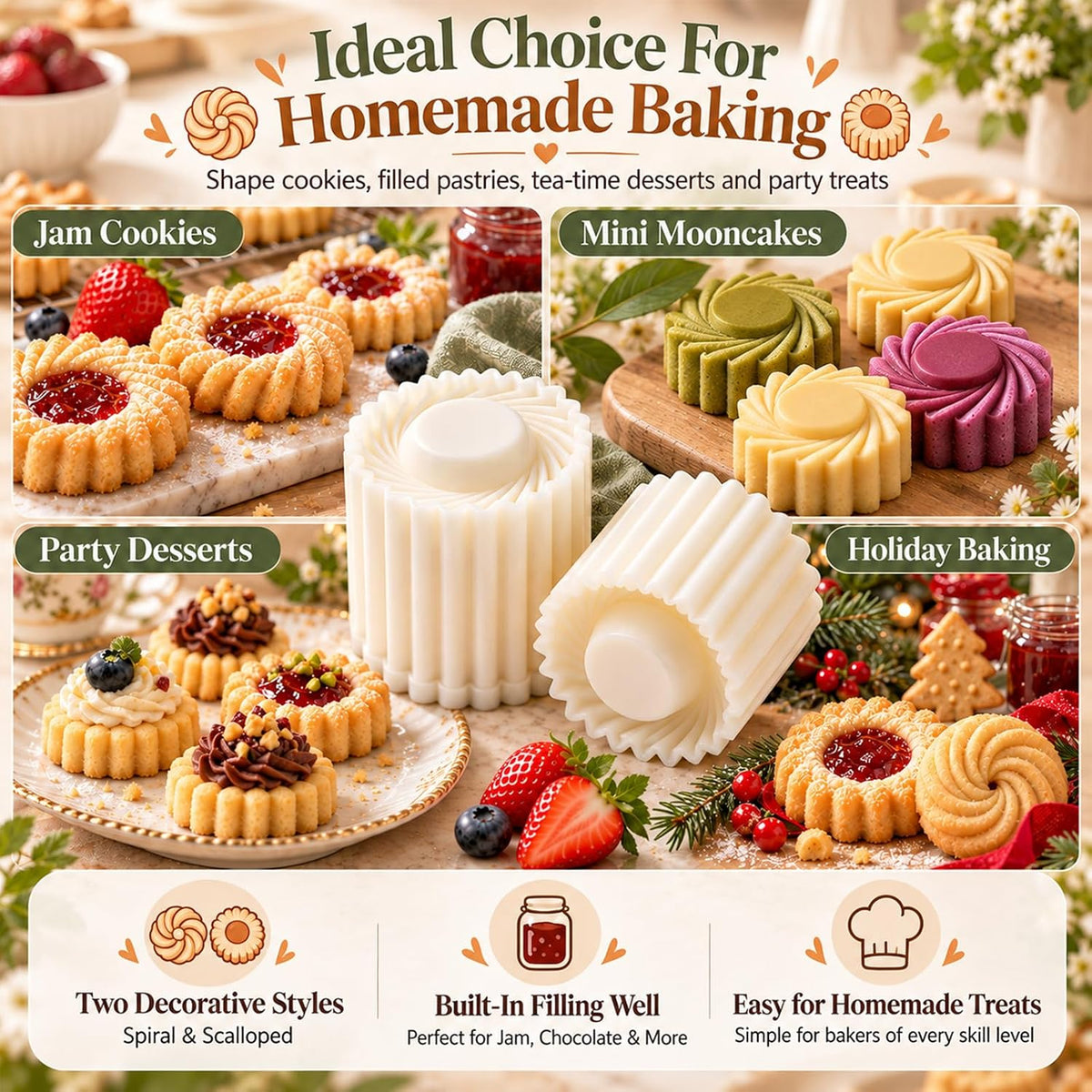 3pcs Sunflower Patterned Round Hand-Press Mooncake Mold for Cookie Mooncake