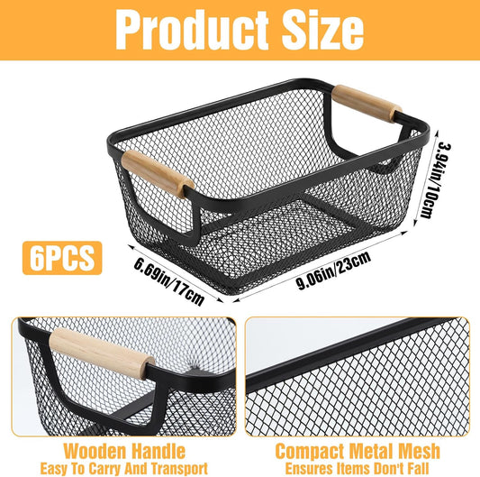 6 Pack Wire Baskets for Storage, Metal Storage Basket with Wooden Handles, Kitchen Basket for Pantry Organization, Black Wire Mesh Bins for Cabinet, Fridge, Fruit, Snacks, and Office Supplies