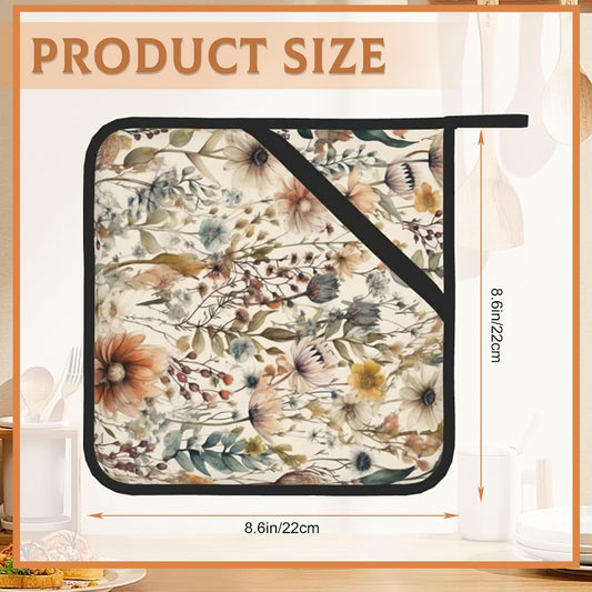 2PCS Boho Watercolor Floral Pot Holder with Loop,Heat Resistant Oven Pads,Hot Pat for Kitchen Cooking Baking Food