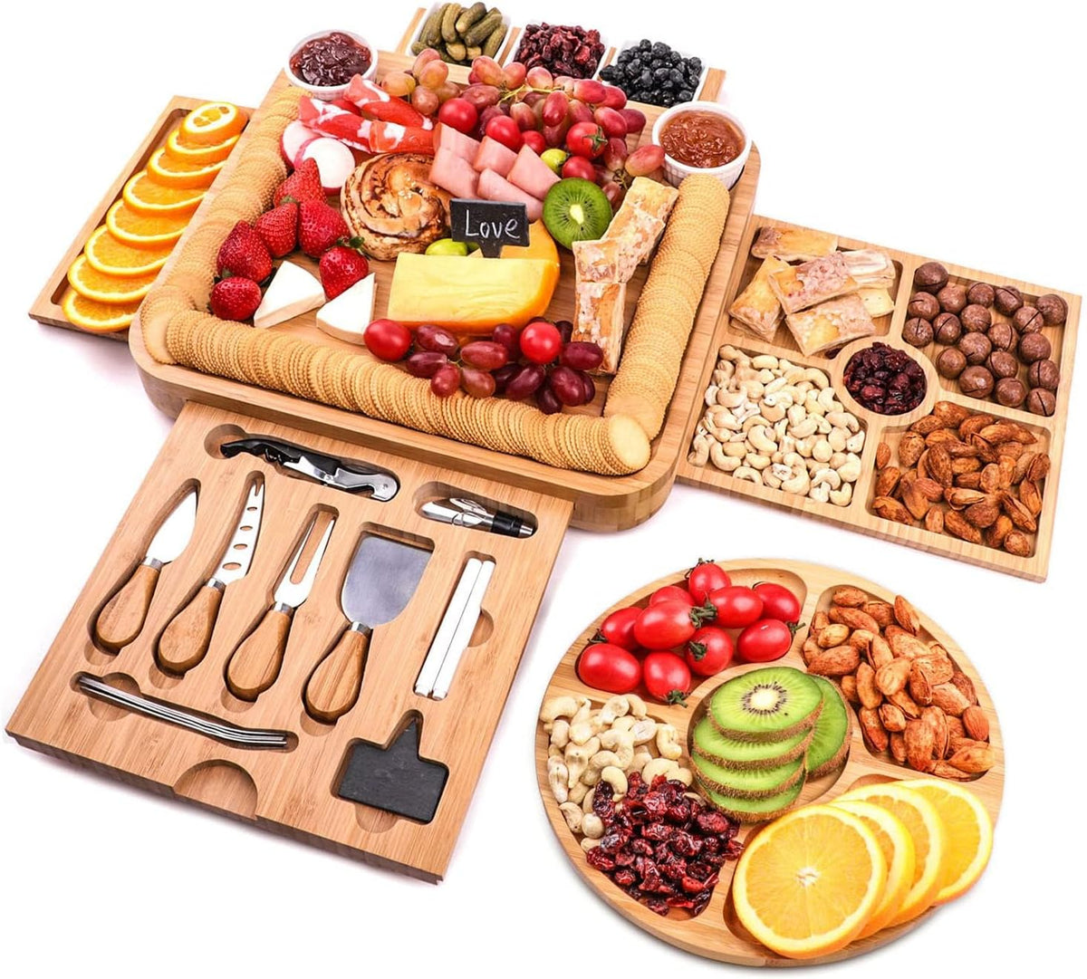Charcuterie Boards Gift Set Bamboo Cheese Board and Knife Set, Cheese Tray Magnetic Charcuterie Boards Set, 15 x 13 x 2 Inch for Cheese Meat Fruit Gift for Birthdays Wedding Registry Housewarming