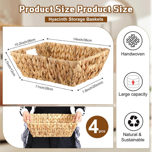 Novabright 4 Pcs Water Hyacinth Storage Baskets 14"L x 10''W x 4.7''H Large Wicker Woven Basket with Handles Pantry Gift Baskets Natural Storage Bins for Organizing Countertop