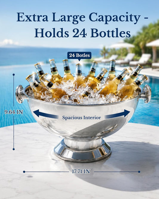 Extra Large Stainless Steel Ice Bucket for Parties, Heavy Duty Beverage Tub with Handles, Leakproof Welded Base, Polished Finish Beer & Wine Cooler, Includes Ice Scoop & Bottle Opener