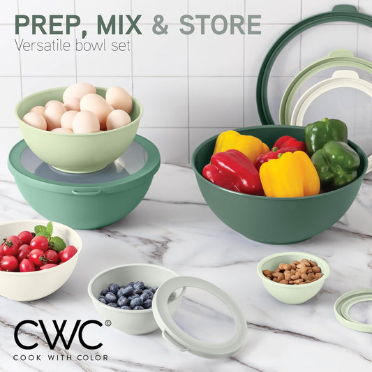 COOK WITH COLOR Mixing Bowls with TPR Lids - 12 Piece Plastic Nesting Bowls Set includes 6 Prep Bowls and 6 Lids - Microwave Safe (Sage) - Colors B