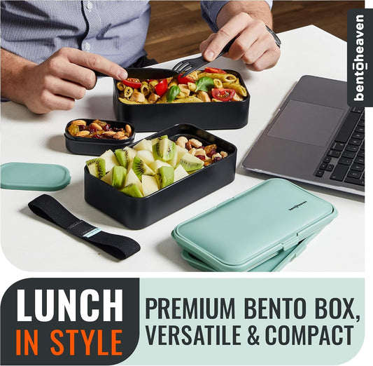 Bentoheaven Premium Bento Box Adult Lunch Box with Compartments for Women & Men, Set of Utensil & Chopsticks & Dip Container, Cute Japanese Kids Bento Lunch Box, Microwavable (Symph Onyx)