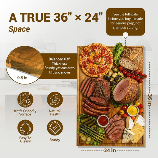 Sentsu Extra Large Acacia Wood Cutting Board 36 x 24 in, Deep Juice Groove