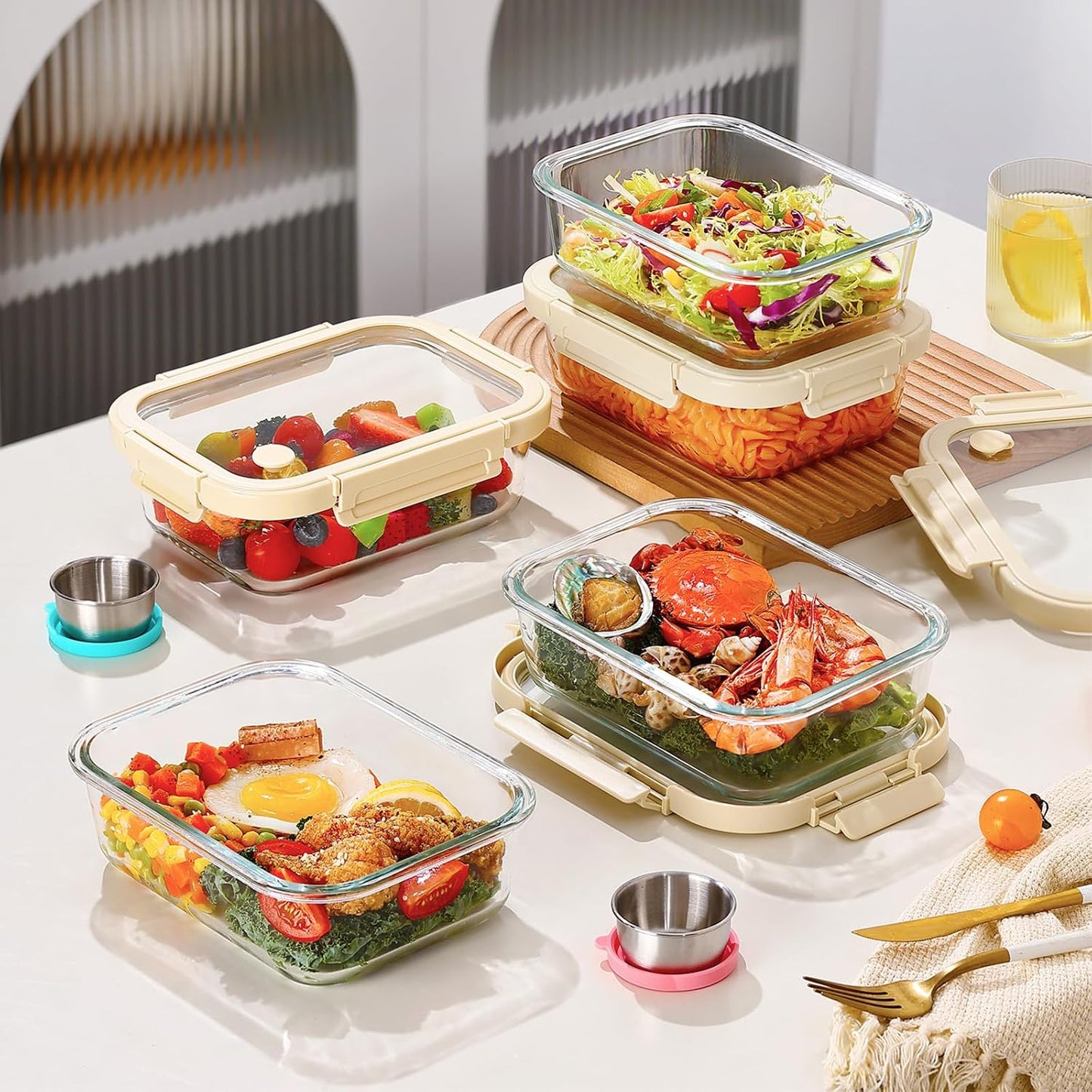 Glass Food Storage Containers with Glass Lids, Stainless Steel Salad Dressing Containers, Microwave-safe LeakProof Food Containers Set, 5-pack 35 oz(White)