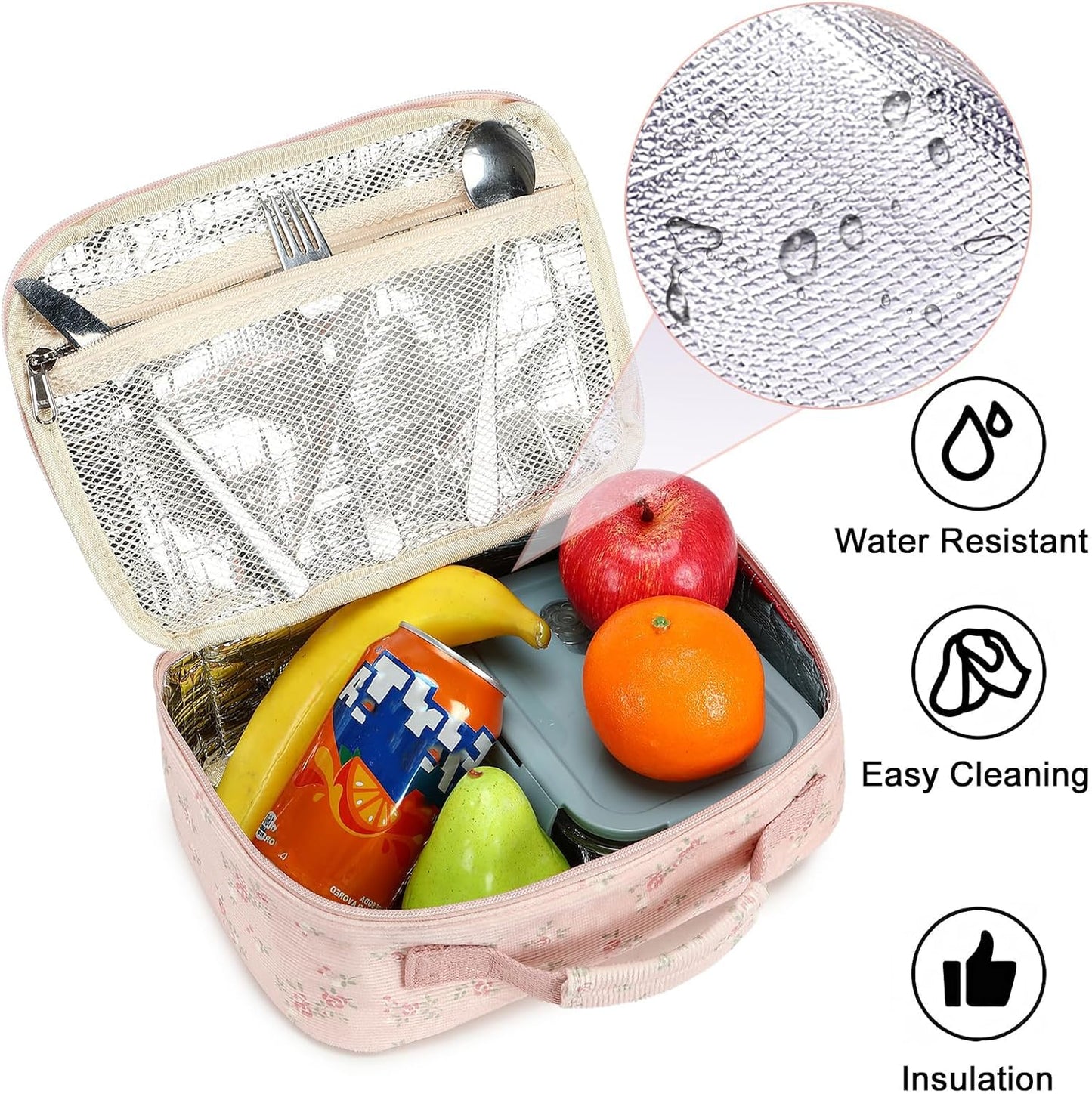 Bluboon Insulated Lunch Bag for Girls & Boys, Corduroy School Lunch Box with Cooler & Organizer Compartments, Leak-Proof Lunch Tote for School, Travel (Corduroy Strawberries Beige)