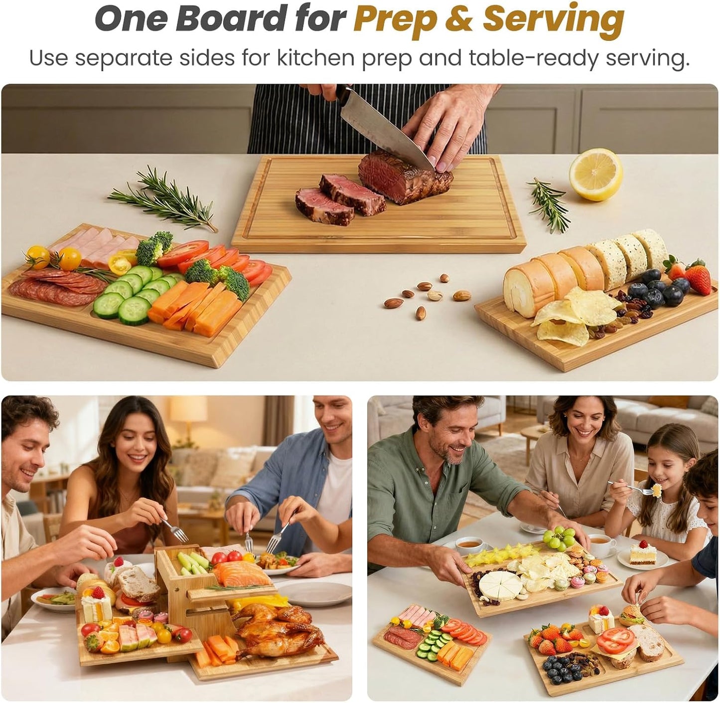 Bamboo Cutting Board Set with Stand, 3PCS Double-Sided Chopping Boards for Kitchen Meal Prep & Serving, Charcuterie, Juice Grooves & Side Handle, Ideal for Meat, Vegetables, Kitchen Essentials, Brown