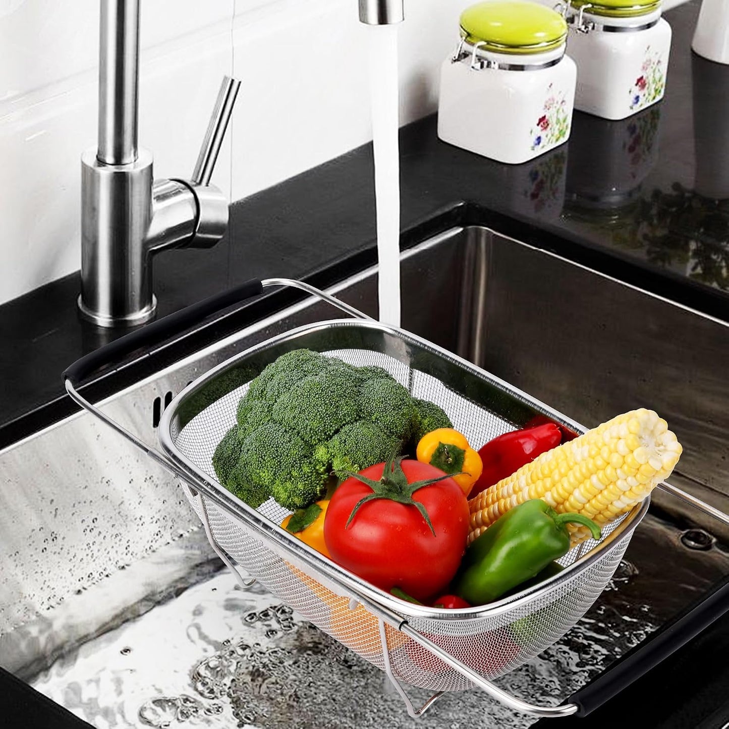 ZDRongZhen Kitchen Accessories Over the Sink Colander Strainer Basket,Stainless Steel Colander with Expandable Rubber Grip Sink Drainer-Rinse Vegetables Fruits &Strain&Drain (Large-Fine mesh)
