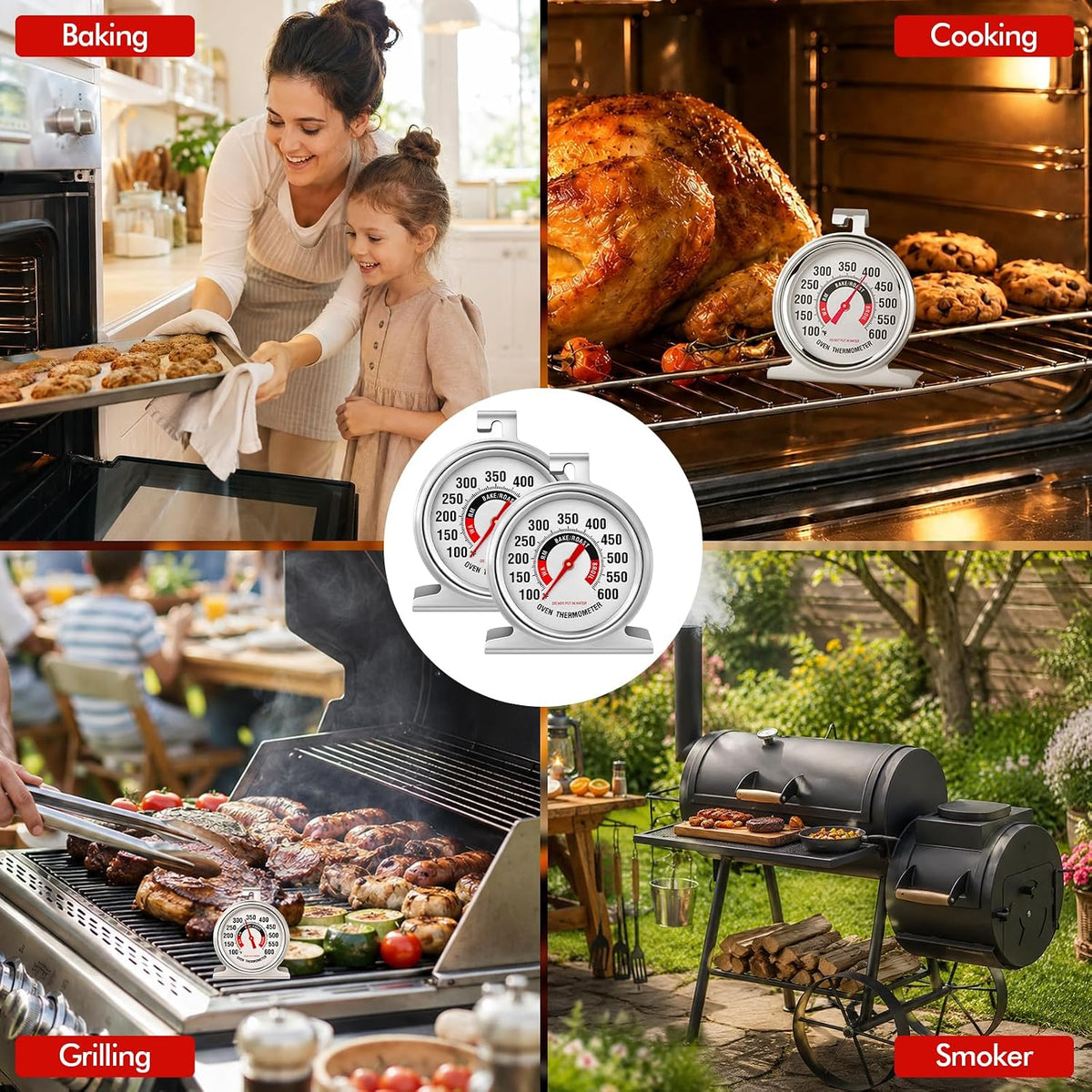 8 Pack Large Dial Oven Thermometer for Gas & Electric Oven, 100-600°F Oven Temperature Gauge Safety Leave, Easy-to-Read with Large Bright Numbers for Cooking Baking Grilling Smoker