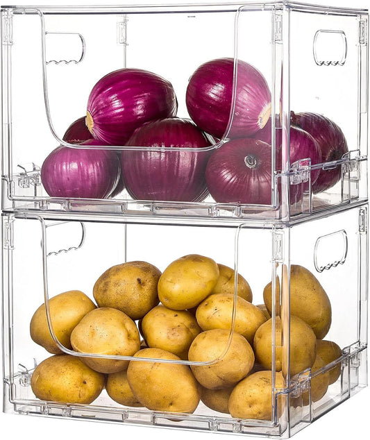 ANUMITRA 2 Pack Large Foldable Open Front Storage Bins with Lids, Stackable Clear Plastic Container Organizer for Pantry, Kitchen, Cabinet, Bathroom, Closet Organizers and Storage