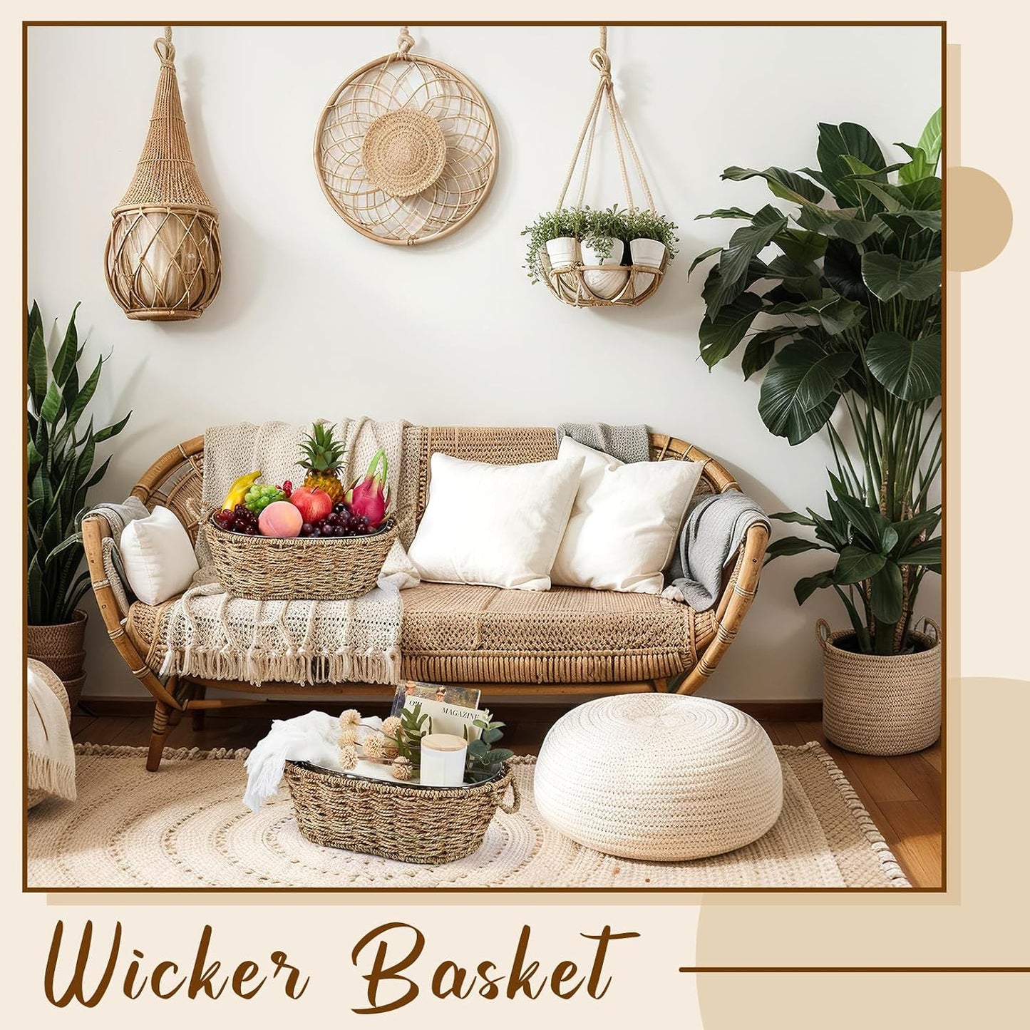 Domensi 2 Pcs Small 3 Gallons Ice Bucket with Wicker Outer Basket Handle Beverage Tub Grass Rope Woven Farmhouse Galvanized Bucket for Party Seaside Bar Buffet Wine Beer Bottle, 15.5 x 9.2 x 6.1 in
