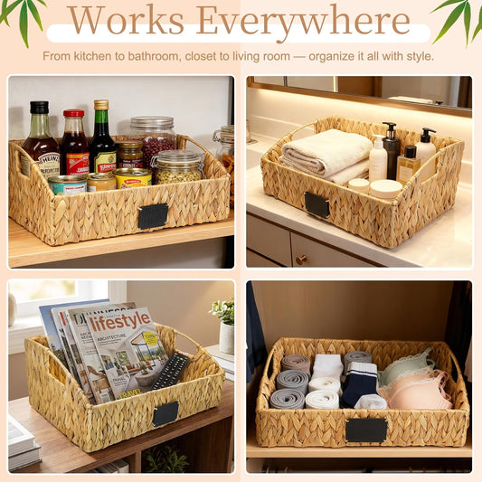 3 Pack Handwoven Water Hyacinth Storage Baskets with Handles & Chalkboard Labels, Wicker Bins for Pantry Kitchen Bathroom