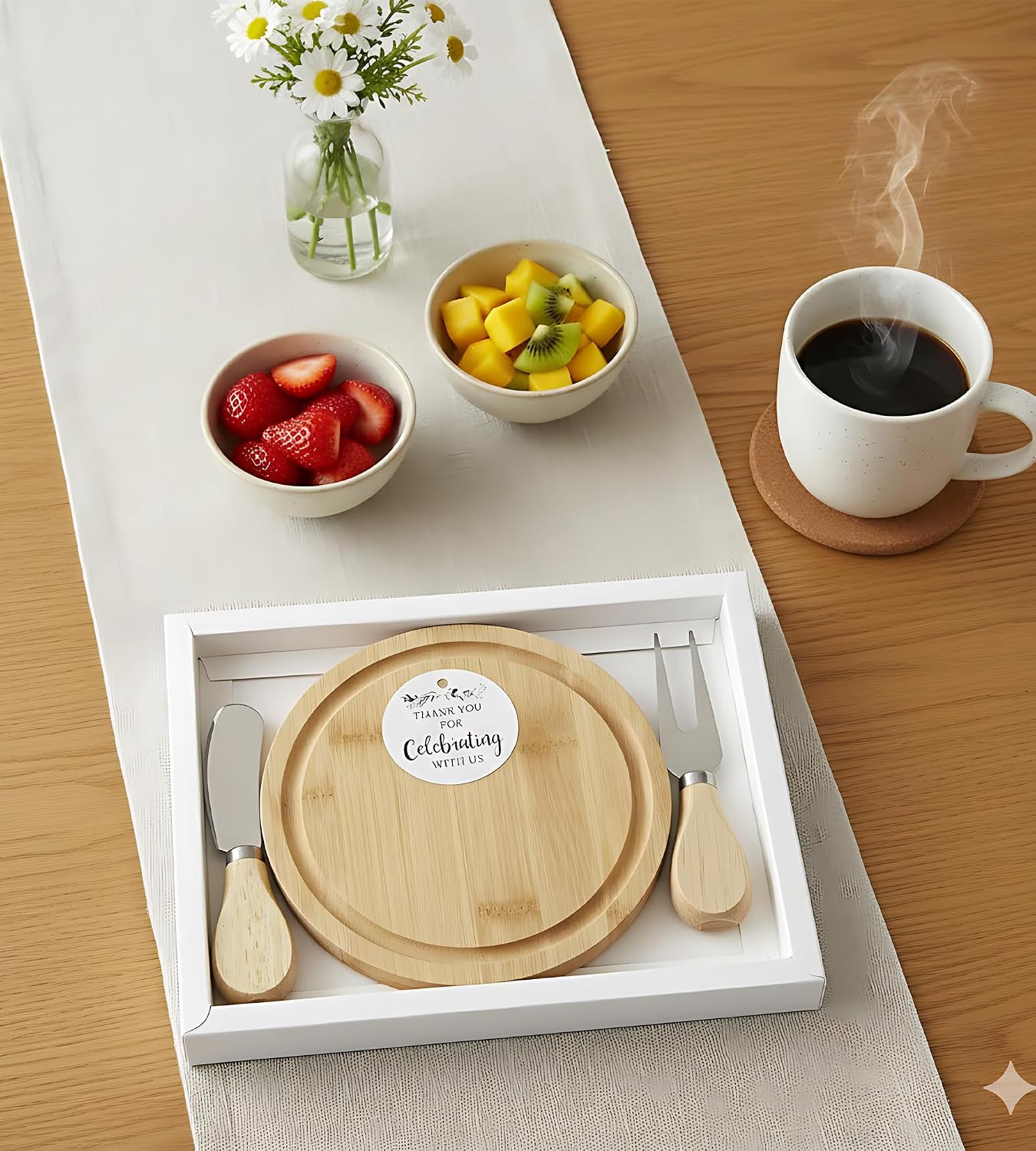 Upgraded storage-ready Small Cheese Board Set & Dessert Plate with Knife & Fork, 1-Pack 6-Inch Personal Charcuterie Tray, Bamboo, Gift-ready for Wedding, Bridal & Baby Shower Party