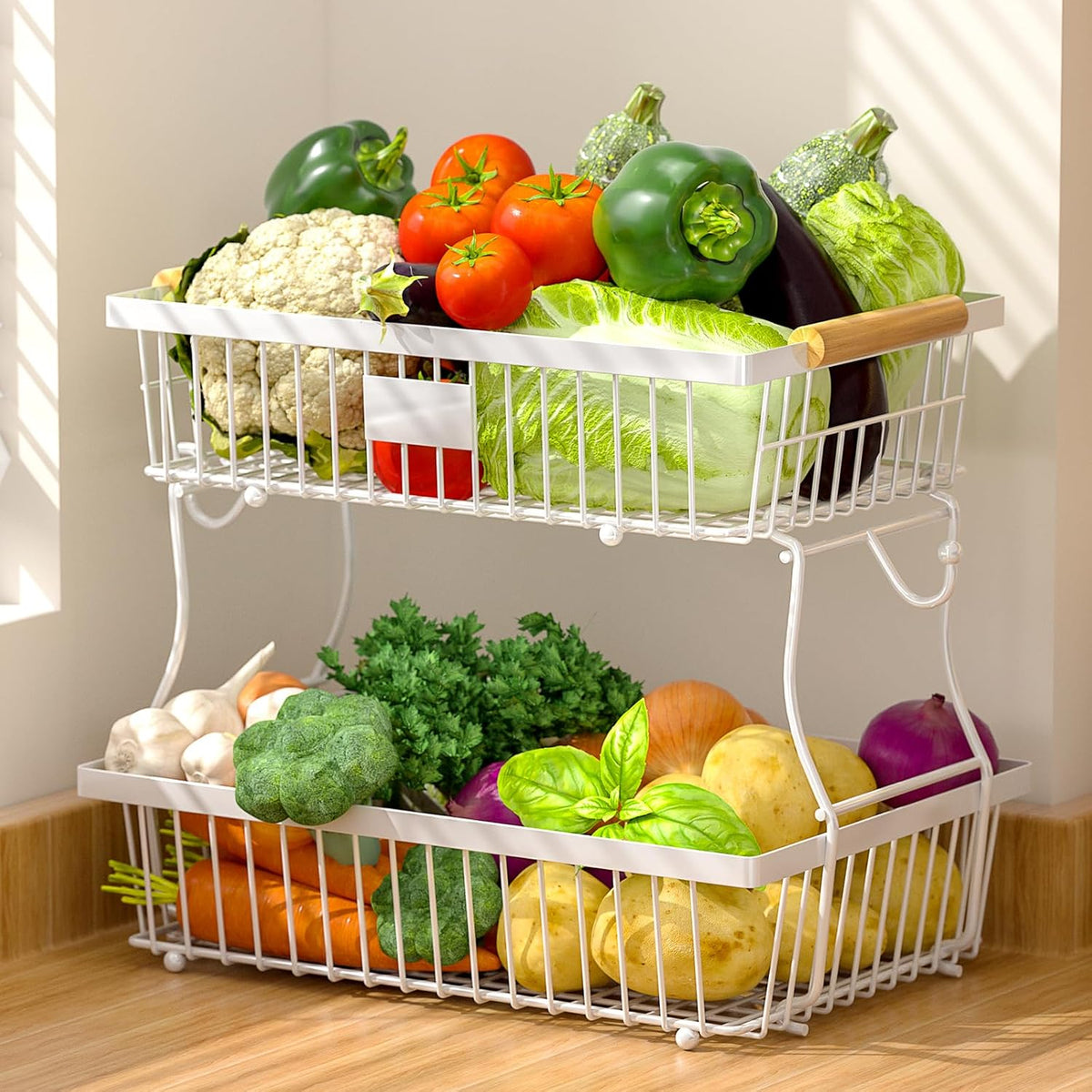 2 Tier Fruit Basket for Kitchen Counter with 2 Banana Hangers, Countertop Metal Bread Basket with Wooden Handle, Large Storage Stand for Vegetables, Snacks, Eggs, Produce Storage – Black