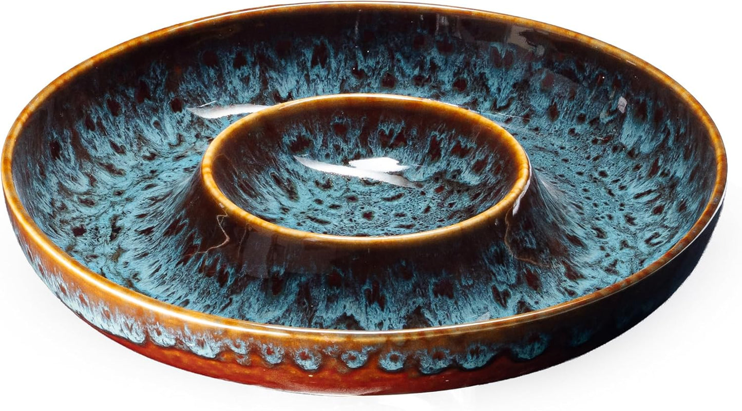 Ceramic Chips and Dip Serving Tray - Large Divided Party Bowl Set for Salsa, Veggies, Fruit & Snacks - Modern Minimalist Appetizer Platter with Unique Kiln-Change Glaze (Verdigris Green)