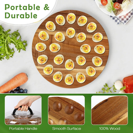 Deviled Egg Containers with Lid, Deviled Egg Platter Tray Carrier Plate Holder with 24 Slots, Acacia Wood Egg Dish for Easter Gift Party Holiday Kitchen Home