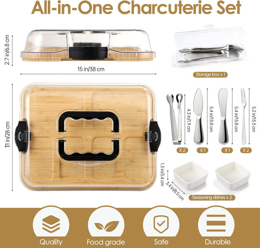 Kochorie 10 Pieces Portable Bamboo Cheese Board Set Charcuterie Board with Lid and Handle, Knife Set Meat Fruit Serving Tray Platter for Travel Picnic Kitchen House Warming Gifts (Rectangular)