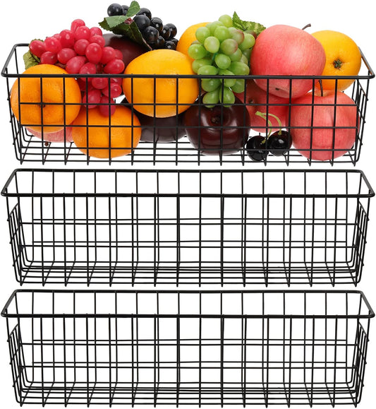 Hedume 3 Pack Metal Wire Storage Organizer Basket, 16.2" x 6.3" x 4.4" Bin Basket with Handles, Versatile Organizer for Kitchen, Pantry, Closet, Laundry Room, Cabinets, Bathroom - Black